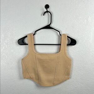 Immodel Women's Beige Cropped Tank Top Sleeveless Square Neck Stretch Knit Sz L
